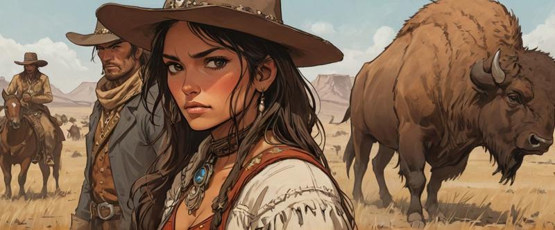 36991-2839029532-a page from comics, strong and beautiful cheyenne woman facing to buffalo on the plain with arm,  face detail, close view, cinem.jpg